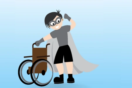 Ein gezeichneter Junge in einem Heldenkostüm schiebt einen Rollstuhl - symbolisch für den Inklusions Kurzfilm