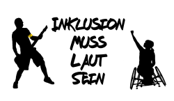Das Bild zeigt das Logo von Inklusion Muss Laut Sein. Lings steht ein blinder Gitarrist und rechts eine Rollstuhlnutzerin. Dazwischen steht Inklusion Muss Laut Sein