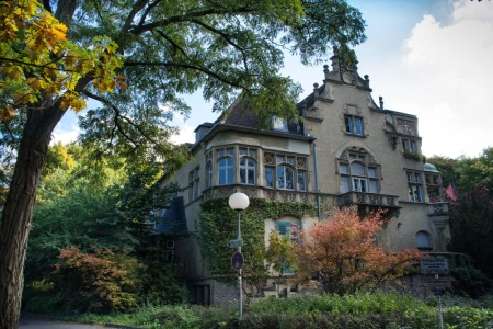 Die Oettinger Villa Darmstadt iist ein historisches villen Gebäude und von viel grün umgeben. So wachsen hier hohe Bäume, Büsche und Efeu. 