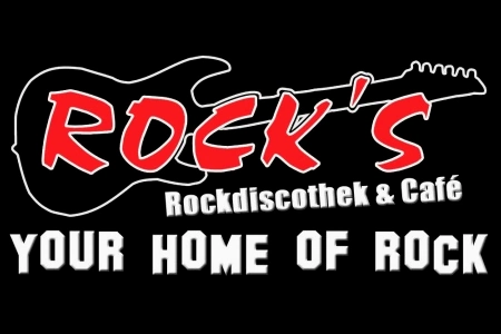 Das Logo des ROCKS Nersingen eine Gitarre mit dem Locationnamen Rockdiscothek & Cafe. Your Home of Rock